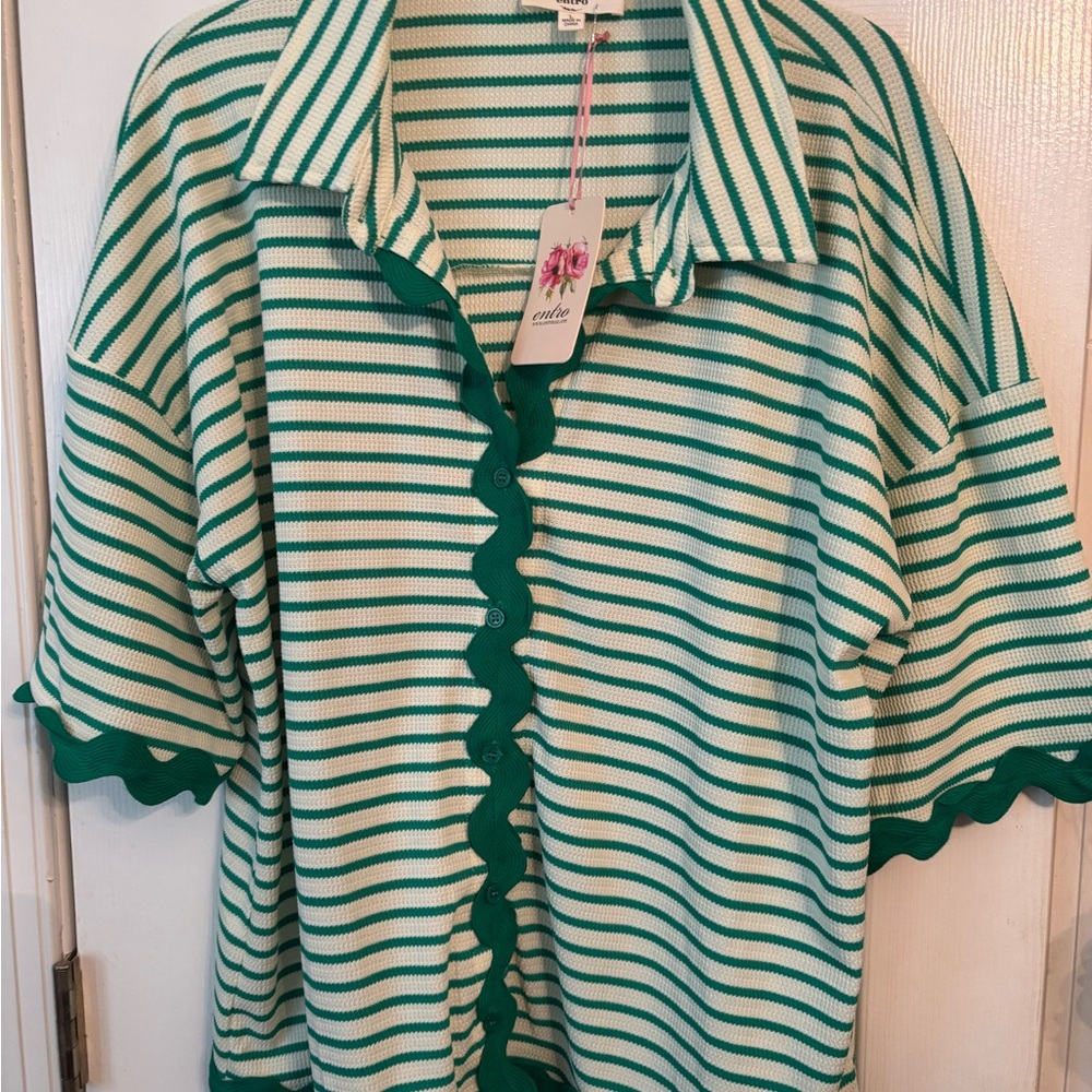 Green and White Striped Shirt with Ruffle Trim